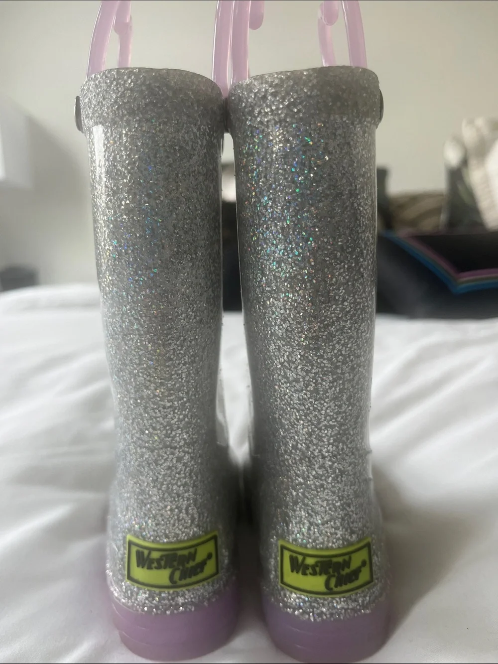 Western Chief Silver Glitter Kids Rain Boots with Pink Pull Handles